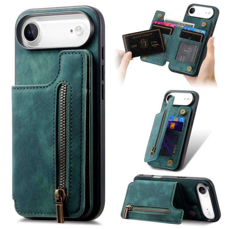 Retro Leather Zipper Wallet Back Phone Case, For iPhone Air, For iPhone 16 Pro Max, For iPhone 16 Pro, For iPhone 16 Plus
