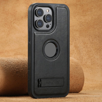 Suteni G2 Magsafe Oil Wax Leather Back Phone Case with Holder, For iPhone 14, For iPhone 14 Pro, For iPhone 14 Pro Max, For iPhone 13 Pro Max, For iPhone 13 Pro, For iPhone 13, For iPhone 12, For iPhone 12 Pro Max