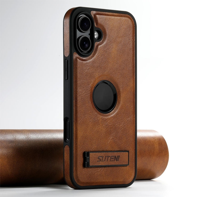 Suteni G2 Magsafe Oil Wax Leather Back Phone Case with Holder, For iPhone 16 Pro, For iPhone 16 Plus, For iPhone 16, For iPhone 15 Pro Max, For iPhone 15 Pro, For iPhone 15 Plus, For iPhone 15, For iPhone 14 Plus