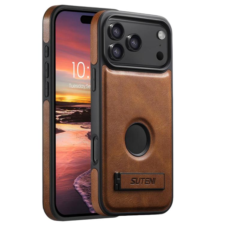 Suteni G2 Magsafe Oil Wax Leather Back Phone Case with Holder, For iPhone 18, For iPhone 18 Pro, For iPhone 18 Pro Max, For iPhone 17 Pro Max, For iPhone 17 Pro, For iPhone 17, For iPhone Air, For iPhone 16 Pro Max