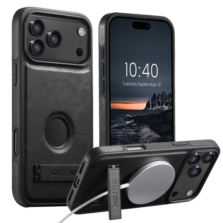 Suteni G2 Magsafe Oil Wax Leather Back Phone Case with Holder, For iPhone 18, For iPhone 18 Pro, For iPhone 18 Pro Max, For iPhone 17 Pro Max, For iPhone 17 Pro, For iPhone 17, For iPhone Air, For iPhone 16 Pro Max