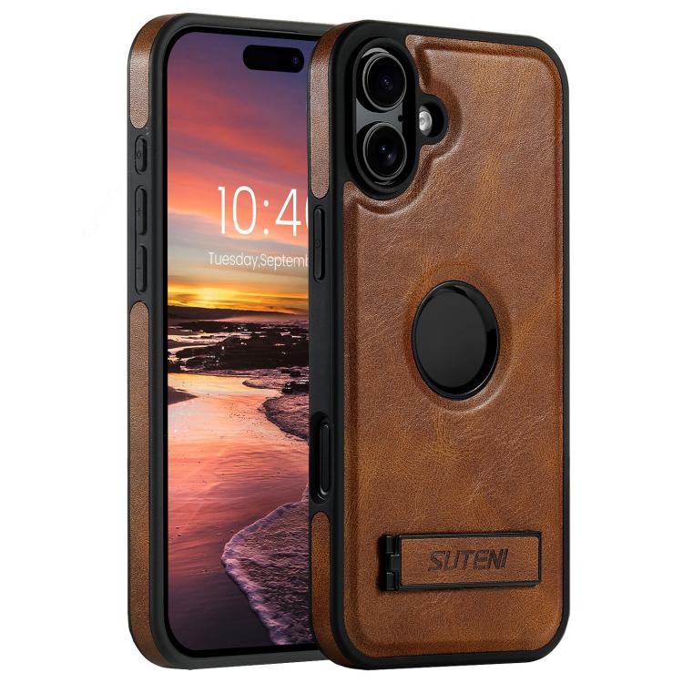 Suteni G2 Magsafe Oil Wax Leather Back Phone Case with Holder, For iPhone 18, For iPhone 18 Pro, For iPhone 18 Pro Max, For iPhone 17 Pro Max, For iPhone 17 Pro, For iPhone 17, For iPhone Air, For iPhone 16 Pro Max