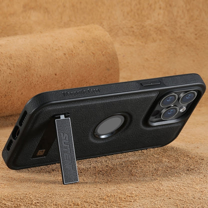 Suteni G2 Magsafe Litchi Texture Leather Back Phone Case with Holder, For iPhone 14, For iPhone 14 Pro, For iPhone 14 Pro Max, For iPhone 13 Pro Max, For iPhone 13 Pro, For iPhone 13, For iPhone 12, For iPhone 12 Pro Max