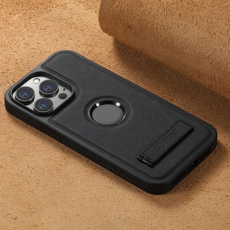 Suteni G2 Magsafe Litchi Texture Leather Back Phone Case with Holder, For iPhone 12 Pro
