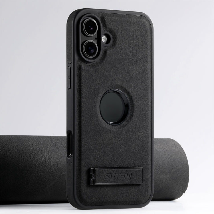 Suteni G2 Magsafe Litchi Texture Leather Back Phone Case with Holder, For iPhone 16 Pro, For iPhone 16 Plus, For iPhone 16, For iPhone 15 Pro Max, For iPhone 15 Pro, For iPhone 15 Plus, For iPhone 15, For iPhone 14 Plus