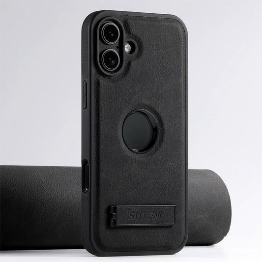 Suteni G2 Magsafe Litchi Texture Leather Back Phone Case with Holder, For iPhone 16 Plus, For iPhone 16, For iPhone 15 Pro Max, For iPhone 15 Pro, For iPhone 15 Plus, For iPhone 15, For iPhone 14 Plus, For iPhone 14