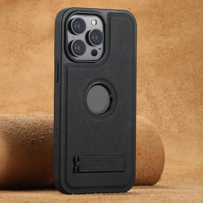 Suteni G2 Magsafe Litchi Texture Leather Back Phone Case with Holder, For iPhone 18, For iPhone 18 Pro, For iPhone 18 Pro Max, For iPhone 17 Pro Max, For iPhone 17 Pro, For iPhone 17, For iPhone Air, For iPhone 16 Pro Max