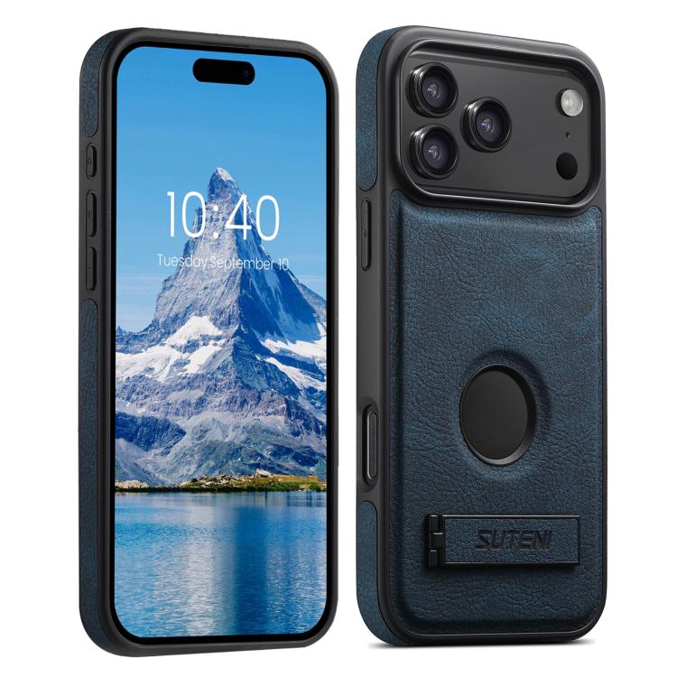 Suteni G2 Magsafe Litchi Texture Leather Back Phone Case with Holder, For iPhone 18, For iPhone 18 Pro, For iPhone 18 Pro Max, For iPhone 17 Pro Max, For iPhone 17 Pro, For iPhone 17, For iPhone Air, For iPhone 16 Pro Max