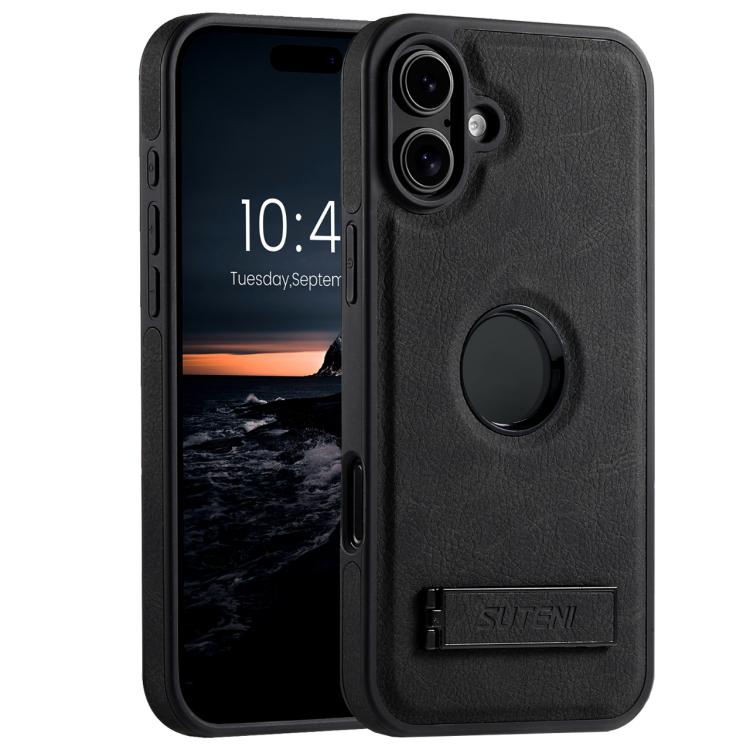 Suteni G2 Magsafe Litchi Texture Leather Back Phone Case with Holder, For iPhone 18, For iPhone 18 Pro, For iPhone 18 Pro Max, For iPhone 17 Pro Max, For iPhone 17 Pro, For iPhone 17, For iPhone Air, For iPhone 16 Pro Max