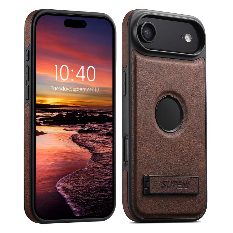 Suteni G2 Magsafe Litchi Texture Leather Back Phone Case with Holder, For iPhone 18, For iPhone 18 Pro, For iPhone 18 Pro Max, For iPhone 17 Pro Max, For iPhone 17 Pro, For iPhone 17, For iPhone Air, For iPhone 16 Pro Max