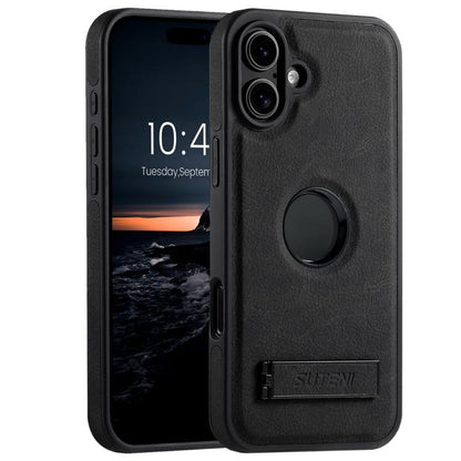 Suteni G2 Magsafe Litchi Texture Leather Back Phone Case with Holder, For iPhone 18, For iPhone 18 Pro, For iPhone 18 Pro Max, For iPhone 17 Pro Max, For iPhone 17 Pro, For iPhone 17, For iPhone Air, For iPhone 16 Pro Max