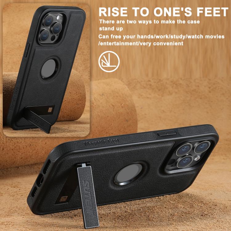 Suteni G2 Magsafe Litchi Texture Leather Back Phone Case with Holder, For iPhone 18, For iPhone 18 Pro, For iPhone 18 Pro Max, For iPhone 17 Pro Max, For iPhone 17 Pro, For iPhone 17, For iPhone Air, For iPhone 16 Pro Max