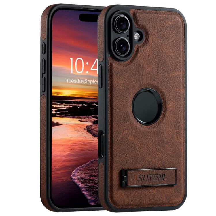 Suteni G2 Magsafe Litchi Texture Leather Back Phone Case with Holder, For iPhone 18, For iPhone 18 Pro, For iPhone 18 Pro Max, For iPhone 17 Pro Max, For iPhone 17 Pro, For iPhone 17, For iPhone Air, For iPhone 16 Pro Max