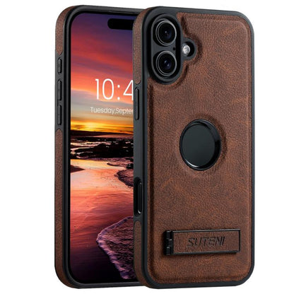 Suteni G2 Magsafe Litchi Texture Leather Back Phone Case with Holder, For iPhone 18, For iPhone 18 Pro, For iPhone 18 Pro Max, For iPhone 17 Pro Max, For iPhone 17 Pro, For iPhone 17, For iPhone Air, For iPhone 16 Pro Max