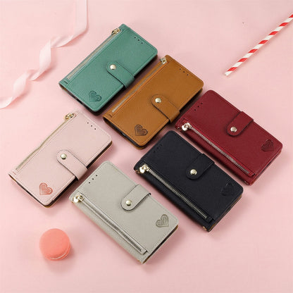 Love Zipper Lanyard Leather Phone Case