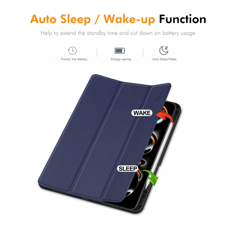 ENKAY Tri-fold Custer Texture TPU Leather Smart Tablet Case with Pen Slot