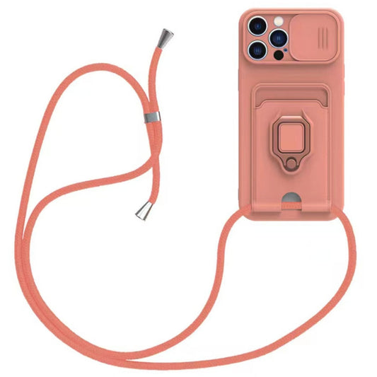 Sliding Camshield Magnetic Card Holder Silicone Phone Case with Lanyard, For iPhone 15 Pro Max, For iPhone 15 Pro, For iPhone 15 Plus, For iPhone 15