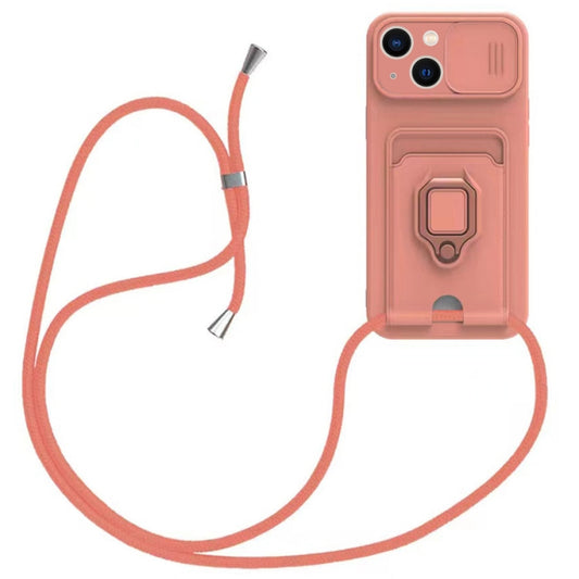 Sliding Camshield Magnetic Card Holder Silicone Phone Case with Lanyard, For iPhone 14 Plus, For iPhone 14, For iPhone 14 Pro, For iPhone 14 Pro Max