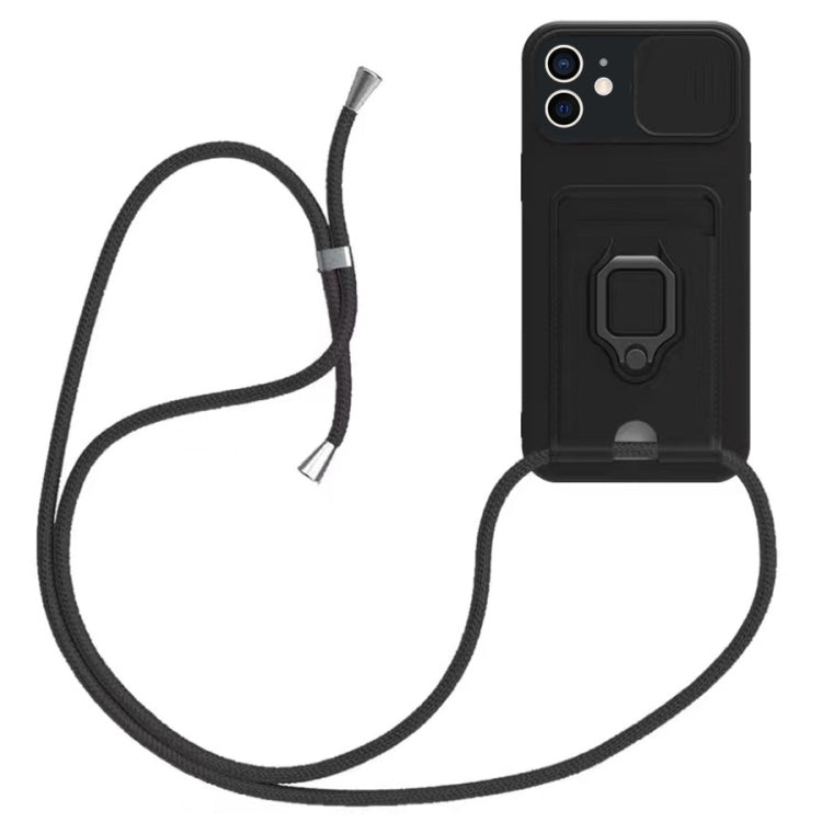 Sliding Camshield Magnetic Card Holder Silicone Phone Case with Lanyard, For iPhone 13, For iPhone 12, For iPhone 12 Pro Max, For iPhone 12 Pro