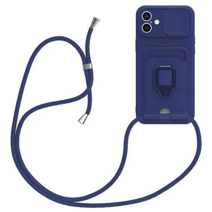 Sliding Camshield Magnetic Card Holder Silicone Phone Case with Lanyard, For iPhone 17e / 16e, For iPhone 16 Pro Max, For iPhone 16 Pro, For iPhone 16 Plus