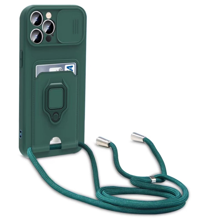 Sliding Camshield Magnetic Card Holder Silicone Phone Case with Lanyard, For iPhone 17e / 16e, For iPhone 16 Pro Max, For iPhone 16 Pro, For iPhone 16 Plus