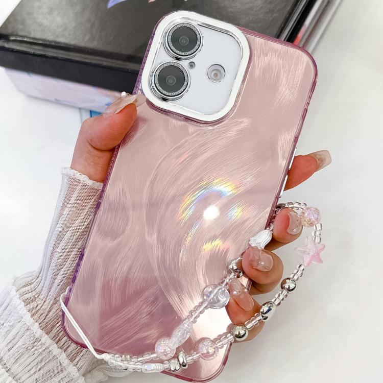 Plating Glitter Texture Chain Wristband TPU Phone Case with Lens Film, For iPhone 16 Plus