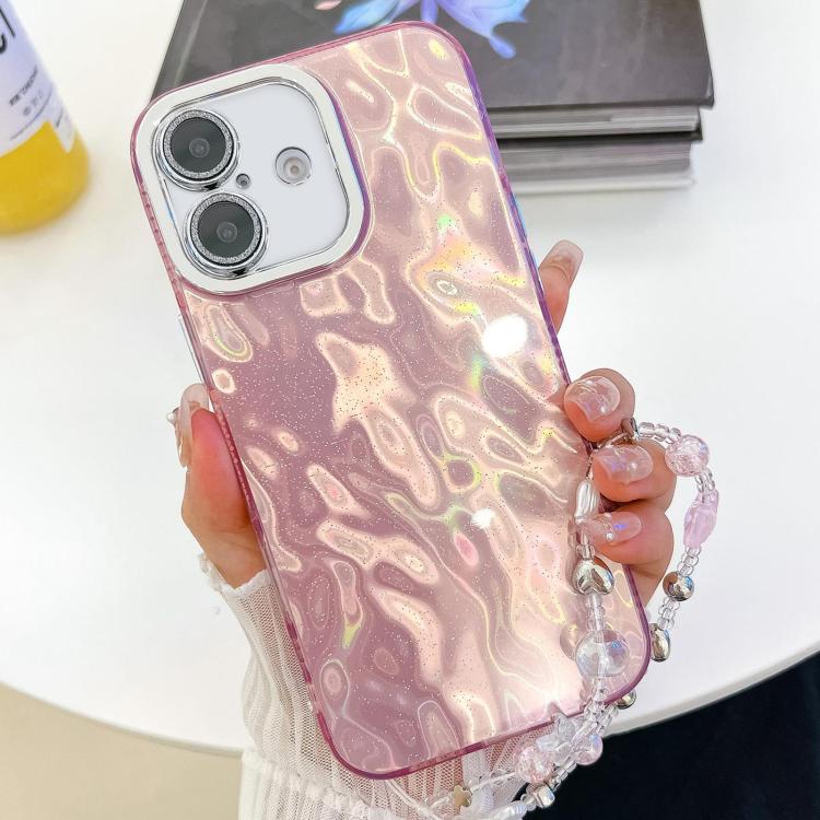 Plating Glitter Texture Chain Wristband TPU Phone Case with Lens Film, For iPhone 16 Plus