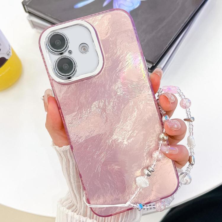 Plating Glitter Texture Chain Wristband TPU Phone Case with Lens Film, For iPhone 16 Plus