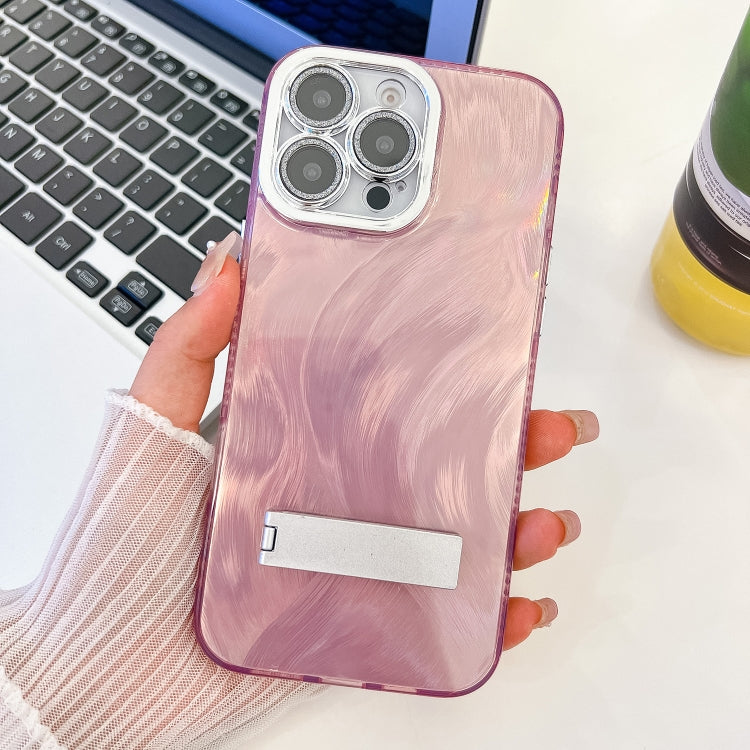 Plating Glitter Texture Fold Holder TPU Phone Case with Lens Film, For iPhone 16 Pro Max