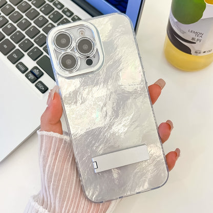 Plating Glitter Texture Fold Holder TPU Phone Case with Lens Film, For iPhone 16 Pro Max