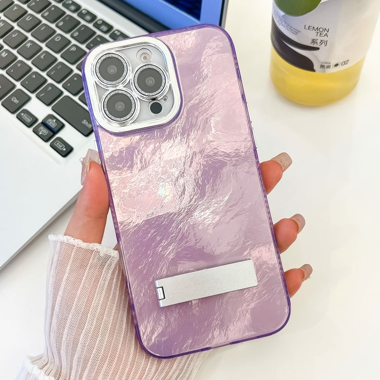 Plating Glitter Texture Fold Holder TPU Phone Case with Lens Film, For iPhone 16 Pro Max