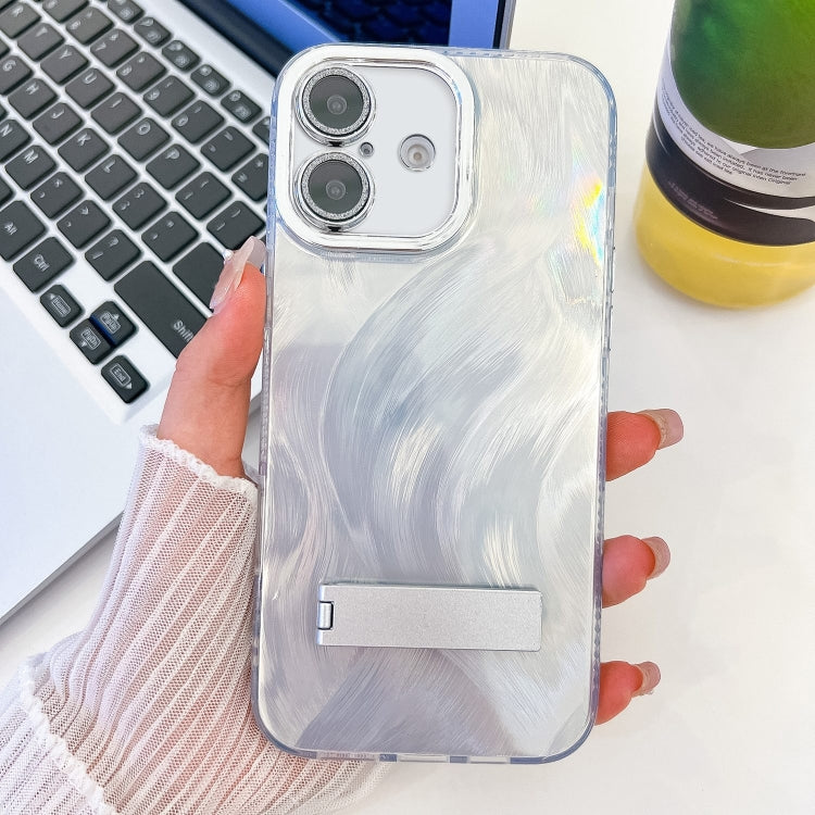 Plating Glitter Texture Fold Holder TPU Phone Case with Lens Film, For iPhone 16 Plus