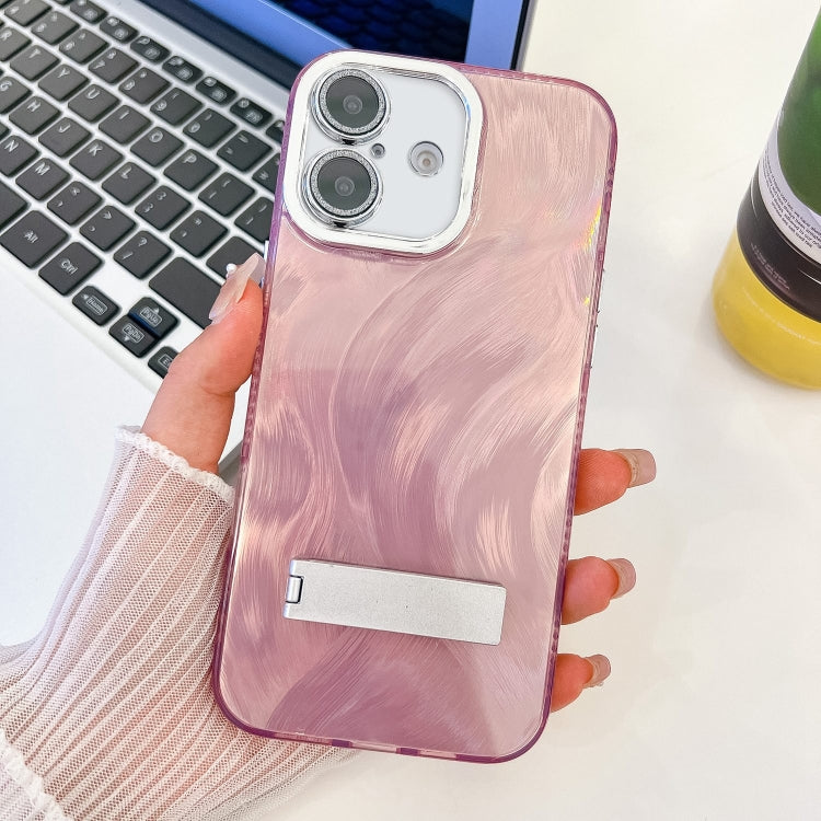 Plating Glitter Texture Fold Holder TPU Phone Case with Lens Film, For iPhone 16 Plus