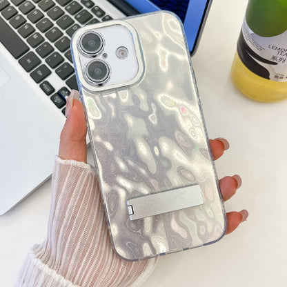 Plating Glitter Texture Fold Holder TPU Phone Case with Lens Film, For iPhone 16 Plus