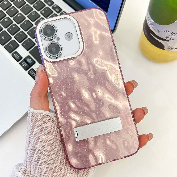 Plating Glitter Texture Fold Holder TPU Phone Case with Lens Film, For iPhone 16 Plus