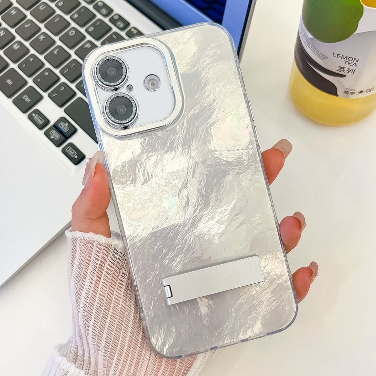 Plating Glitter Texture Fold Holder TPU Phone Case with Lens Film, For iPhone 16 Plus