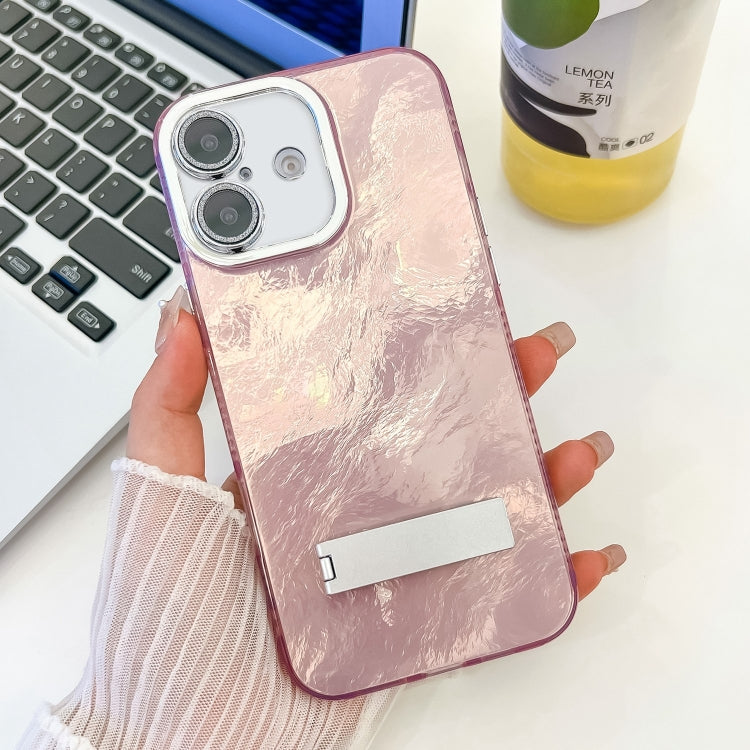 Plating Glitter Texture Fold Holder TPU Phone Case with Lens Film, For iPhone 16 Plus