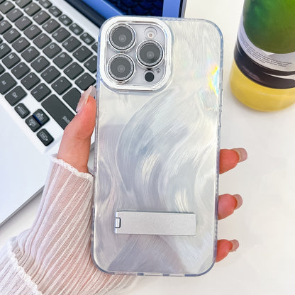 Plating Glitter Texture Fold Holder TPU Phone Case with Lens Film, For iPhone 15 Pro