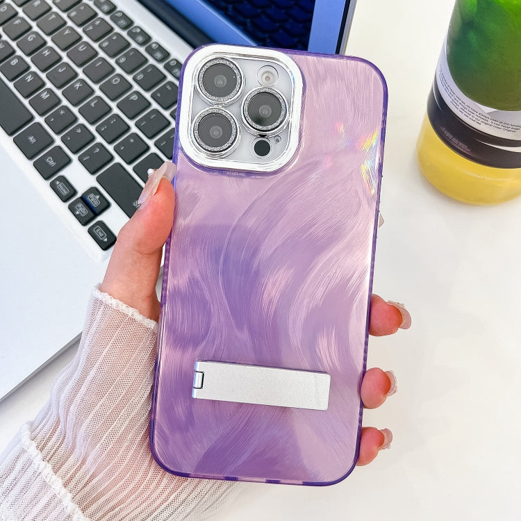 Plating Glitter Texture Fold Holder TPU Phone Case with Lens Film, For iPhone 14 Pro Max