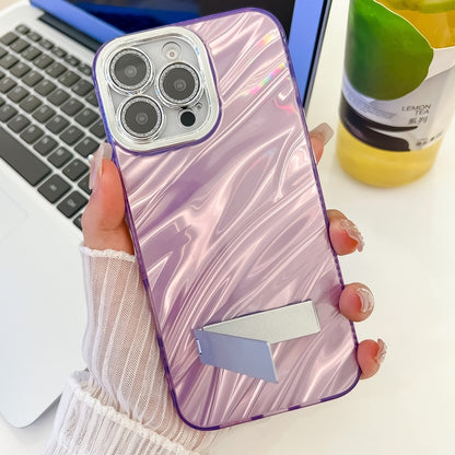 Plating Glitter Texture Fold Holder TPU Phone Case with Lens Film, For iPhone 15 Pro
