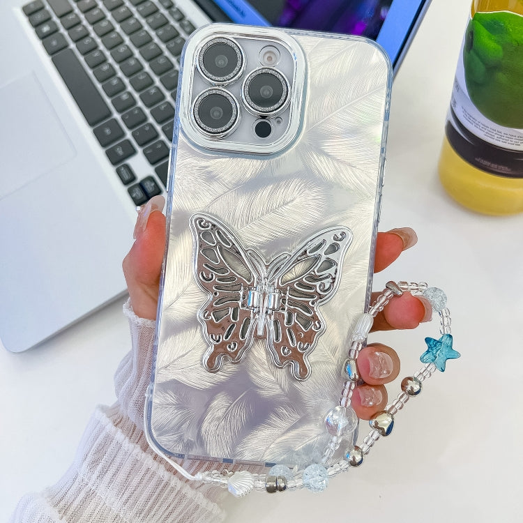 Plating Glitter Lens Film Texture Butterfly Holder Wristband Phone Case, For iPhone 16 Pro