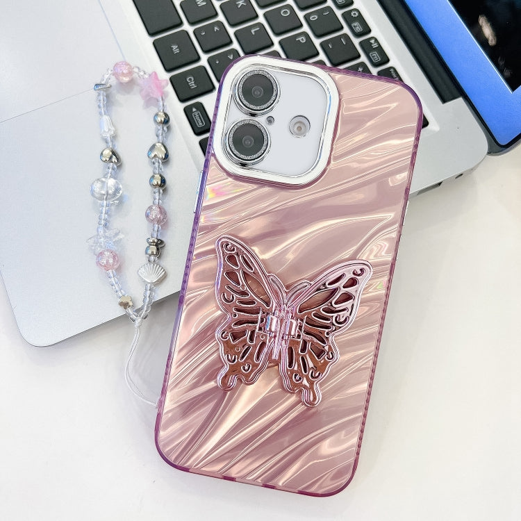 Plating Glitter Lens Film Texture Butterfly Holder Wristband Phone Case, For iPhone 16 Plus