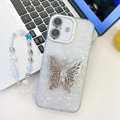 Plating Glitter Lens Film Texture Butterfly Holder Wristband Phone Case, For iPhone 16 Plus
