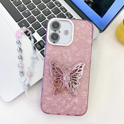 Plating Glitter Lens Film Texture Butterfly Holder Wristband Phone Case, For iPhone 16 Plus