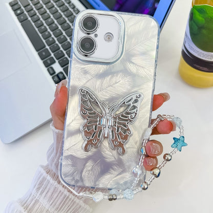 Plating Glitter Lens Film Texture Butterfly Holder Wristband Phone Case, For iPhone 16 Plus