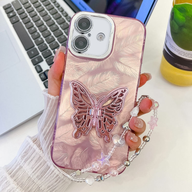 Plating Glitter Lens Film Texture Butterfly Holder Wristband Phone Case, For iPhone 16 Plus