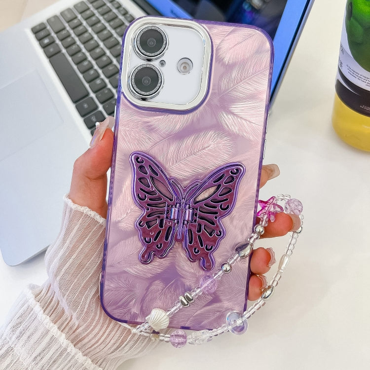 Plating Glitter Lens Film Texture Butterfly Holder Wristband Phone Case, For iPhone 16 Plus