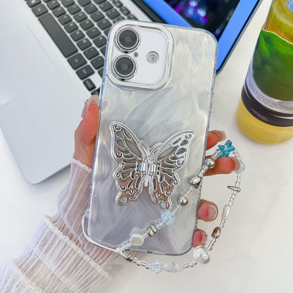 Plating Glitter Lens Film Texture Butterfly Holder Wristband Phone Case, For iPhone 16 Plus