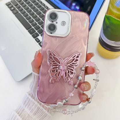 Plating Glitter Lens Film Texture Butterfly Holder Wristband Phone Case, For iPhone 16 Plus