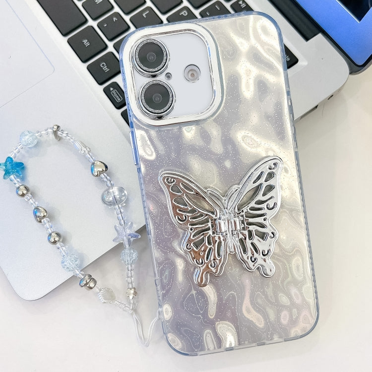 Plating Glitter Lens Film Texture Butterfly Holder Wristband Phone Case, For iPhone 16 Plus